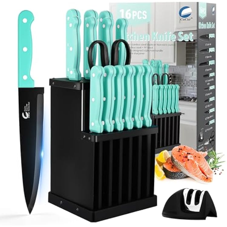 16-Piece Kitchen Knife Set with Block - High Carbon Stainless Steel Knives, Black Non-Stick Coating, Triple Riveted Forged Turquoise Handle, Dishwasher Safe, Includes Knife Sharpener, Scissors