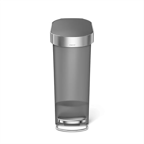 simplehuman Slim Step Can, 40L / 10.6 Gallon Kitchen Trash Can, Stainless Steel Liner Rim, 150,000-Step Pedal, Lid Shox Silent Close, Grey Plastic