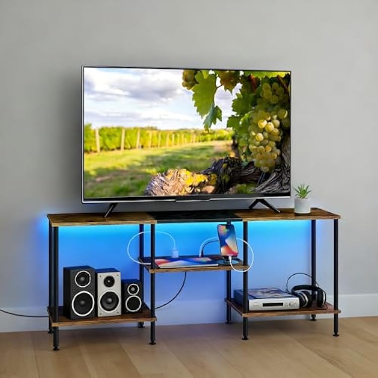 BTY LED TV Stand with Storage for 50 Inch TV Small LED Entertainment Center with Charging Station Wooden TV Console Table for Living Room, Bedroom, Rustic Brown