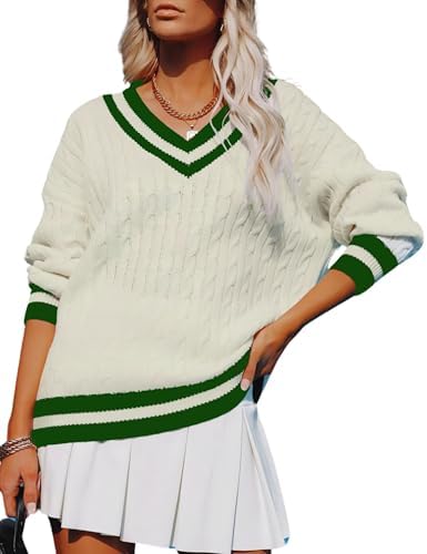 InterNos Womens Casual V Neck Long Sleeve Sweater Trendy Striped Pullover Cable Knit Preppy Sweaters
