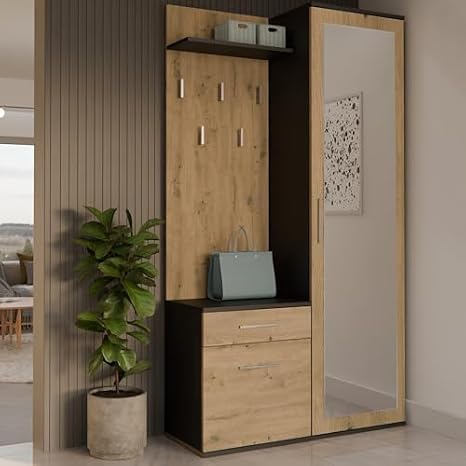 WHATSIZE ENTERPRISE - Modern Entryway Hall Double Wardrobe with Drawers Storage Coat Rack, Shoe Storage, Hanging Hooks |Cabinet Contemporary Bedroom Hallway Foyer Furniture Anthracite Artisan