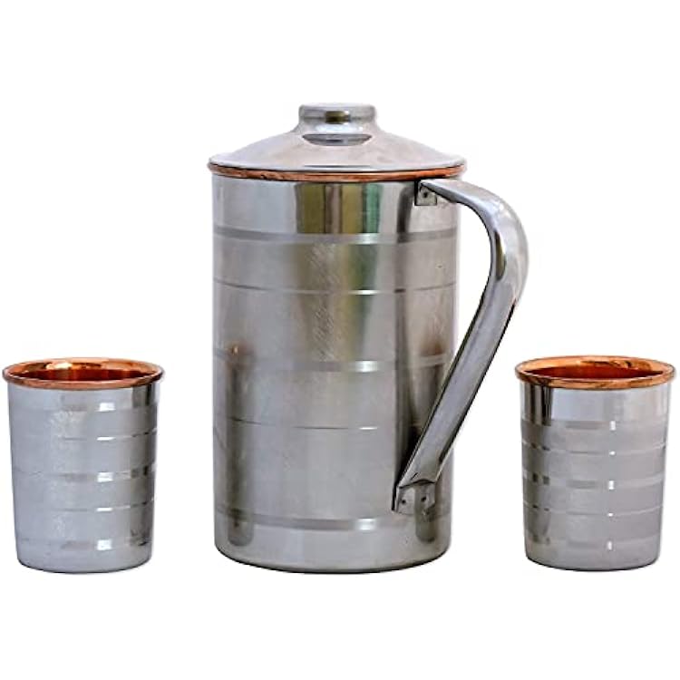 Copper and Stainless Steel Water Pitcher 1.5L 50.72 US Fl Oz Capacity with 2 Matching Tumblers, Heavy Duty Steel and Pure Copper Water Jug for Ayurveda Health Benefits