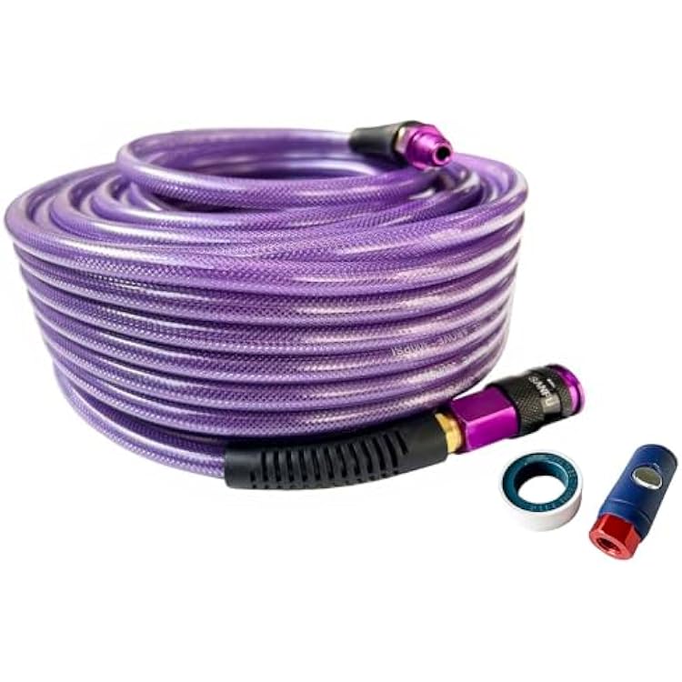 SANFU PolyurethanePU Air Hose 14-Inch x 100ft Reinforced, lightweight, Flexible, 300PSI With 14 Swivel Aluminum Universal 3IN1 Coupler and Plug, 1PCS Safery Coupler, Bend Restrictor