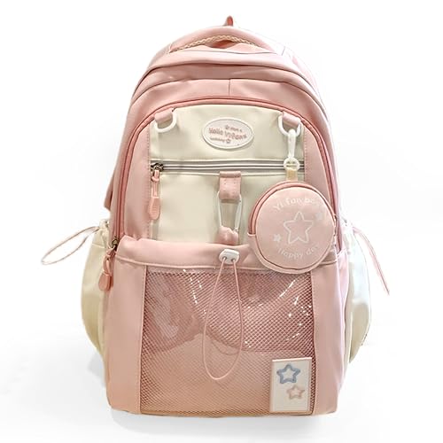 Kawaii Backpack Double Shoulder Bag with Cute Star Removable Pouch Clear Pocket Large Capacity Dopamine Colors Daypack Clear Pink
