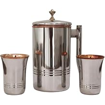 Stainless Steel & Pure Copper Water Pitcher with 2 Long Tumblers (1.7 L / 57.48 fl oz) | Brass Knob Lid | Ayurvedic Health Benefits | Handcrafted Copper Steel Jug Set for Home & Gifting