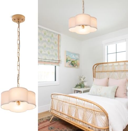 VILUXY Farmhouse Chandelier White Linen Fabric 4 Lights Pendant Light Flower Round Drum Chandelier with Gold Light Fixture for Bedroom Dining Room Living Room