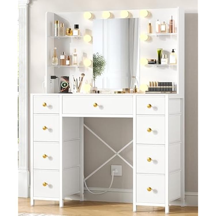 Akxomel Vanity Desk with Mirror and Lights, White Makeup Vanity Table with with Power Outlet, 13.8 D x 37.4 W x 55.1 H, Storage Drawers, Compact Modern Vanity Desk for Bedroom, for Girls, Women