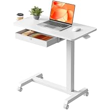 Mobile Bedside Table with Wheels, Height Adjustable 65-95cm Computer Desk Standing Workstation Drawer Desk Rolling Overbed Table for Offices, Home, Medical White
