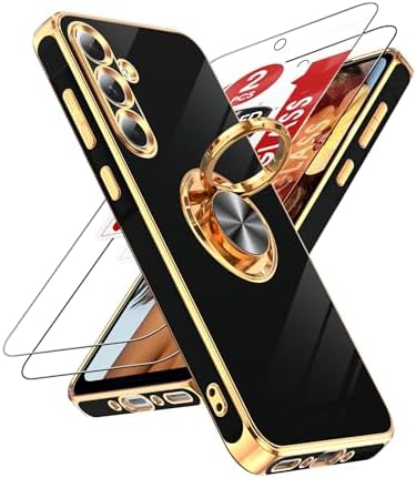 LeYi for Samsung Galaxy A35 5G Case: with Tempered Glass Screen Protector [2 Pack] 360 Rotatable Ring Holder Magnetic Kickstand, Plating Rose Gold Edge Samsung A35 5G Case, Black