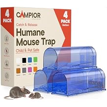 Campior Humane Mouse Trap Pack of 4, Live Mouse Traps Catch and Release for Indoors & Outdoors, Pet & Child Safe, 6.69" Reusable Plastic Mouse Cage with Spring Door, Cleaning Brush Included, Blue