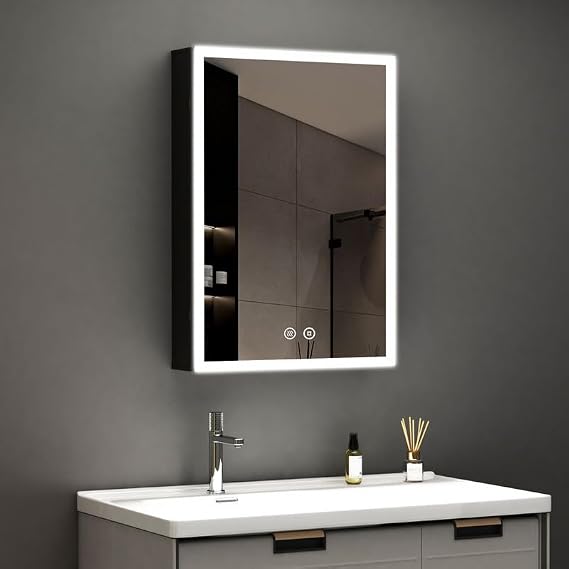 LED Mirror Cabinet with Lighting 40 x 60 x 12.5 cm Bathroom Cabinet Metal Bathroom Cabinet Medicine Cabinet Mirror Cabinet with 3 Colours Dimmable Anti-Fog Glass Shelf