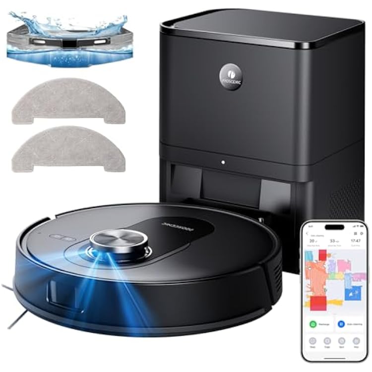 Proscenic Q8 Max Robot Vacuum Mop with Self-Empty Station, 6000Pa 200Min Robotic Vacuum with Lidar Navigation, 5 Real-Time Mapping, WiFiAlexaAPP Remote Control Robot Hoover for Floor Carpet Pet Hair