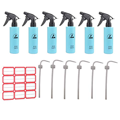 Sunday 7 250ml Empty Anti-Static ESD Safe Spray Refillable Bottles with Gift one Elbow Dropper per Bottle for Liquids, Durable Trigger wMist and Stream Settings 6Pack, Blue