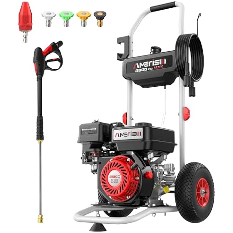 AMERISUN 3800 PSI Gas Pressure Washer 2.5 GPM with 212cc 4-Stroke OHV Engine, 5 Quick-Connect Nozzles & 10 Wheels, Heavy Duty Power Washer for Driveways, Cars, Patios, Decks & House Siding