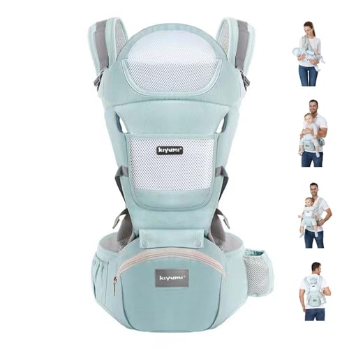 KIYUMI Baby Carrier with Hip Seat, 6- in-1 Baby Carrier Newborn to Toddler, Ergonomic M Position, Head Support and Breathable Mesh,Adjustable Removable Baby Sling Carrier 7-45 lbs, STARSKYBLUE
