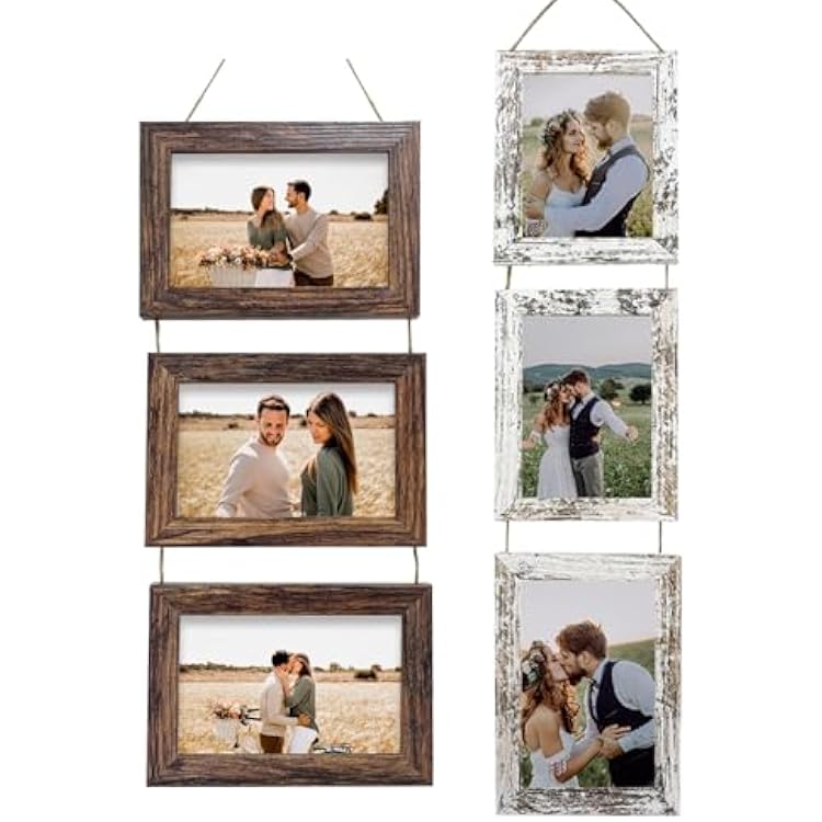Horizontally 4x6 and Vertically 4x6 Wall Hanging Picture Frames Collage with 3 Opening Distressed White Frames