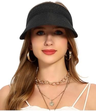 Womens Beach Straw Sun Visor Hat Ponytail Hole UV Protection Wide Brim Summer Cap Packable for Travel UPF 50