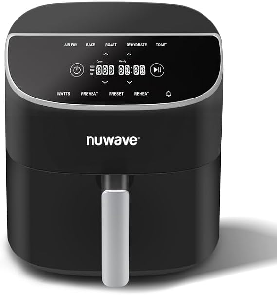 Nuwave 8QT Brio Air Fryer Plus Black, Digital LED Touch Screen with Cool White Display, 50F~400F in Precise 5, 3 Wattage Alternatives, 5 Cook Functions, 50 Memory, PFAS Free, New & Improved