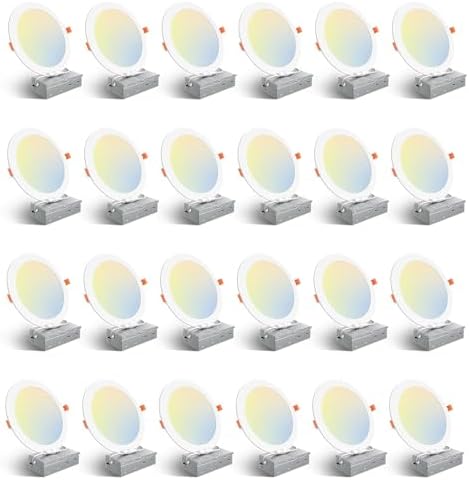 Amico 24 Pack 8 Inch 5CCT Ultra-Thin LED Recessed Ceiling Light with Junction Box, 2700K3000K3500K4000K5000K Selectable, 18W Eqv 125W, Dimmable Canless Wafer Downlight, 1500LM High Brightness -ETL