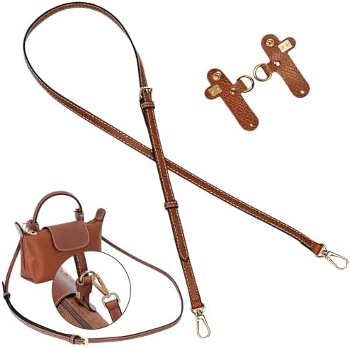 Leather Strap for Longchamp Mini Bag, Punch-Free Adjustable Crossbody & Shoulder Purse Strap Kit for Mini Pouch, Bag Strap Replacement for Women Brown&Gold
