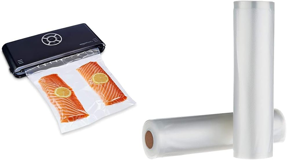 Amazon Basics - Vacuum Sealer 30cm Seam  10 Vacuum Sealer Bags Black & 22cm x 500cm 2 Rolls for Vacuum Sealer