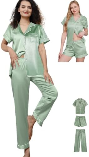 WJing Yi Jia Womens Pajama Sets 3Pcs Silk Satin Pajamas Set XS-2XL Sleepwear Silky Pj Sets Nightwear Pjs Loungewear