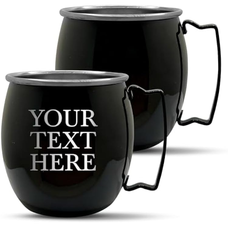 Personalized Custom Smooth Finish Black Stainless Steel Moscow Mule Mugs with Generic Your Text Here Bar Style Cup, 16 oz | Set of 2