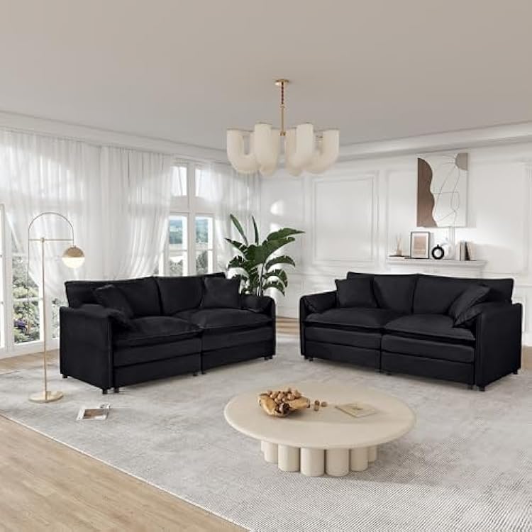 Oversized Cloud Modular Couches Sets,2 Pieces Sectional Loveseat Sofa,4-Seater Modern Chenille Upholstered Sofas Set for Office Apartment with 4 Pillows,Black