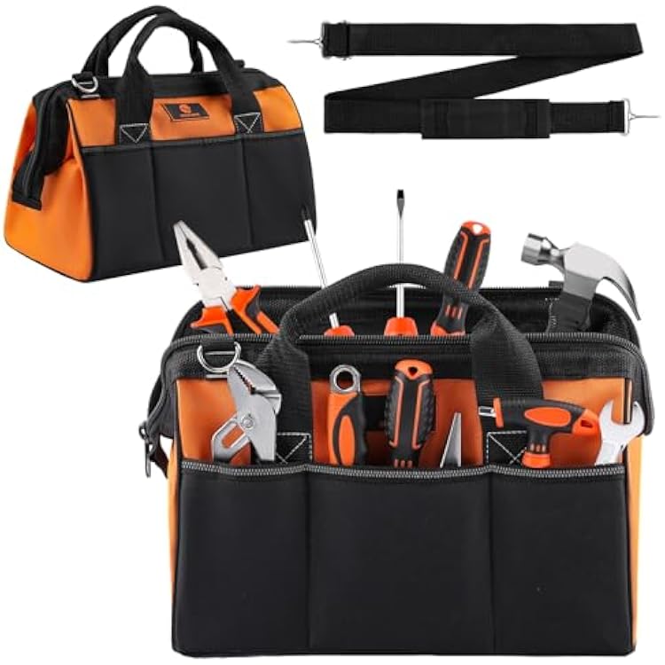 Tool Bag 14, Thick Outer Pocket Tool Organizer Waterproof, Heavy Duty Tote with Shoulder Strap for Tool Storage, Black & Orange