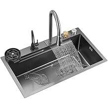 Kitchen Sink 304 Stainless Steel Nano Raindance Waterfall Sink Home Sink Vegetable Basin Single Sink Workstation Kitchen Sink with Pull-Out Faucet, Pressurized,Gun Grey-80 * 45 * 20cm