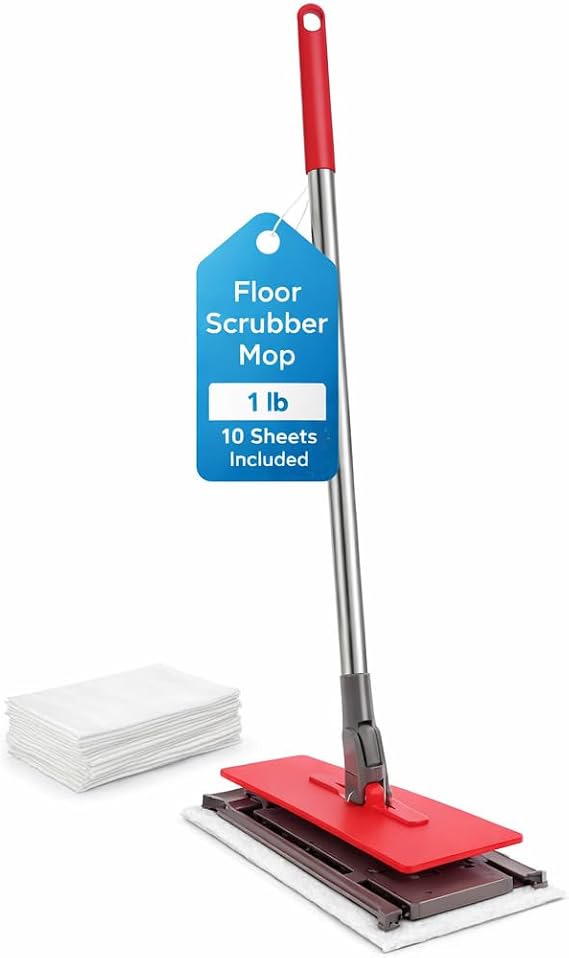 Floor Scrubber Mop with Easy Sheet Attachment, Includes 10 Disposable Sheets, Mopplex Efficient Mop Cleaner for Hardwood and All Hard Floor Surfaces, Ideal Floor Cleaner Mop for Fast and Effective