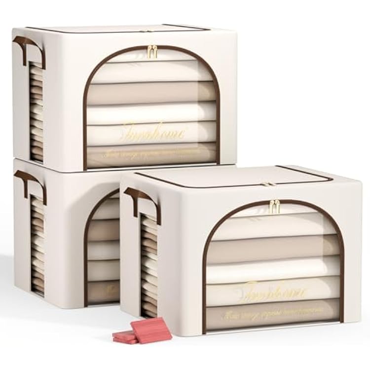 Furnhome 3 pack Clothes Storage Bins with metal Frame, sweater storage for closet, Stackable Storage bins for clothes, Foldable Clothing Storage bins with Cedar Blocks& Windows&Zippers|70L-Light Grey