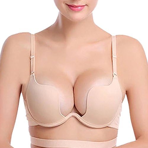 ZUKULIFE Womens Essentials Deep U Multi-Way Convertible Push Up Plunge Bra - Apricot 32C