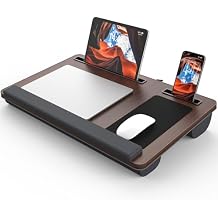 Potuopy Lap Desk- Fits up to 17 Laptop Lap Desk with Wrist Pad, Laptop Lap Pad, Lap Desks for Adults Laptop Stand for Bed with Cushion and 2 Upgraded Mouse Pads, Tablet and Phone Slots (Dark Brown)