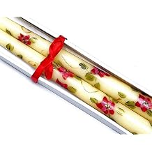 Dripless Unscented Hand Painted Pink Poinsettia Ivory Christmas Taper Candles Gift Boxed Set with Bow