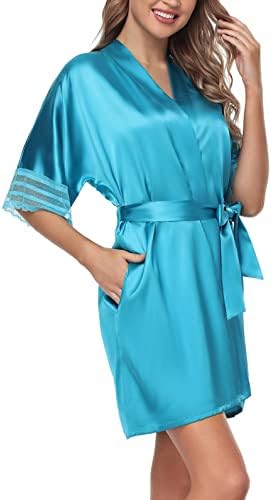 The Bund Lace Robes for Bride Bridesmaid Silk Short Satin Kimono Robe for Women Silky Sleepwear Blue XL