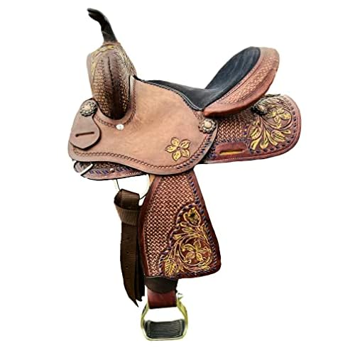 RESISTANCE Western Kids Barrel Saddle with Floral Tooled, Western Youth Child Genuine Leather Saddle