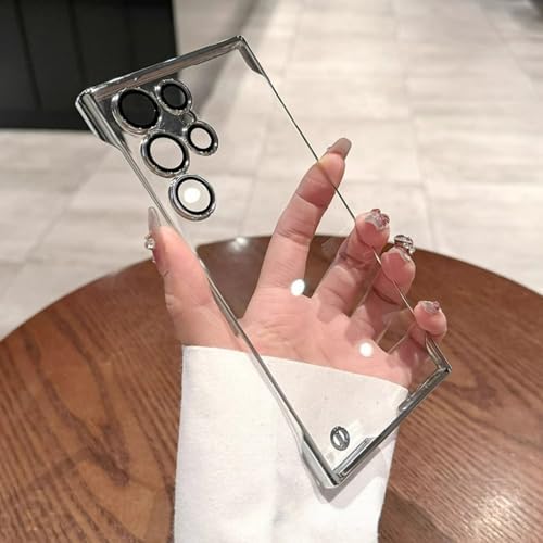 Luxury Plating Frameless Case for Samsung S24 Ultra S23 S22 Ultra Thin Transparent Camera Lens Film Protection Shockproof Cover,Silver,for S24 Plus