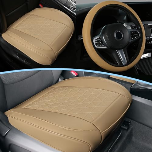 SANLIKE 2Pcs Car Seat Covers Luxury Leather Universal Anti-Slip Driver Car Seat Protectors with Storage Pocket, Waterproof Auto Cushion Pad Mat for Most Vehicles Gray  1pcs Steering Wheel Cover