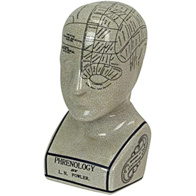 59898 Small Ceramic Phrenology Head Sculpture, Heart Shape, Antique White & Blue, Contemporary Style, Indoor Use