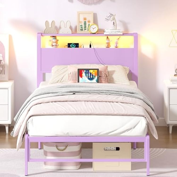 Weehom Twin Bed Frames with 2 Tiers Wood Storage Shelves Headboard, Twin Size Bed with Charger Stations and LED Light Under Bed Storage Space Platform Bed for Kids, Girls and Adults, Purple