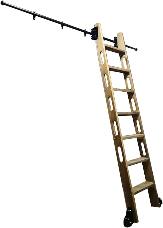 Rolling Library Ladder Hardware Kit Sliding Ladder Track Kit, Rustic Black Round Tube Mobile Ladder Rail System Rail with Floor Roller Wheels (No Ladder) (Size : 6.6ft/200cm Track Kit)