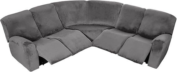 MINGPINHUIUS 7 Piece Velvet Sectional Sofa Covers Recliner Sofa Cover High Stretch Sofa Slipcover Non-Slip Washable Reclining Couch Covers,for Reclining L Shape Sofa (Grey)