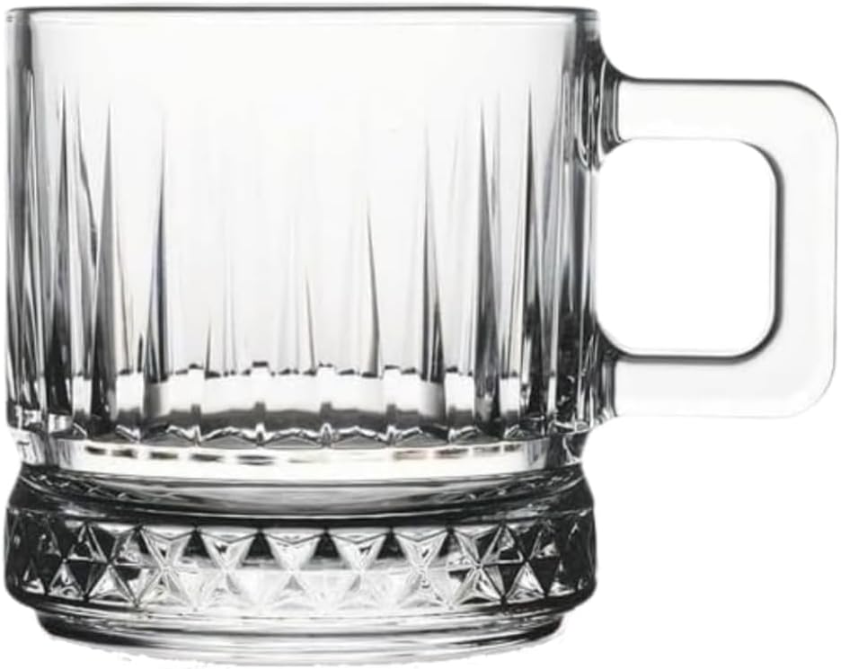 6-Piece Crystal Pattern Glass Handle Cup Set, Transparent, Diamond Cut Base, For Hot and Cold Drinks, Modern Design, Dishwasher Washable