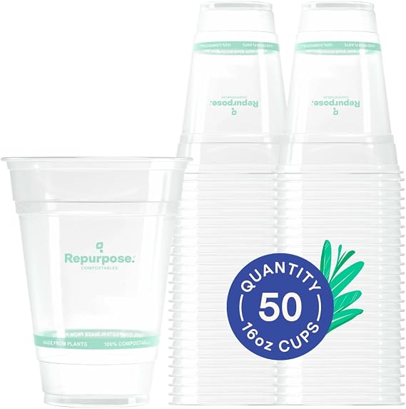 Repurpose 100% Compostable Plant-Based Clear Cold Cups, 16oz, 50ct