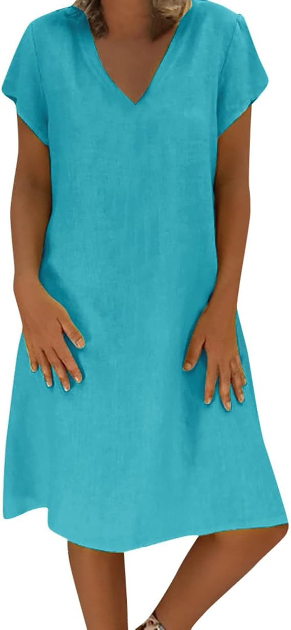 Womens Cotton Linen Dresses Comfy Summer Cup Sleeve Sundresses Knee Length Midi Dresses Beach Vacation Travel Dress