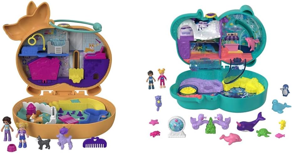 Polly Pocket Otter Aquarium Compact, 2 Micro Dolls & Corgi Cuddles Compact with Pet Hotel Theme, Micro Polly & Shani Dolls, 2 Dog Figures, Surprise Reveals, Gift for Ages 4Y, GTN13