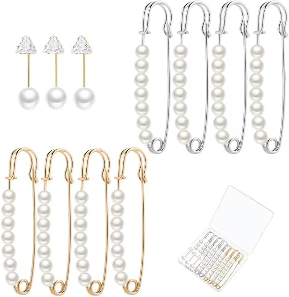 11 Pcs Pearl Brooch Pins, Sweater Shawl Clips Rhinestones Brooches for Women Clothing Dress Pants Skirt Waist Decoration Accessories with Storage Box