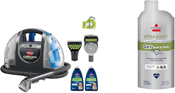 Bissell Little Green Pet Deluxe Portable Carpet Cleaner and Car/Auto Detailer, 3353 + NEW BISSELL Little Green Pro Oxy Spot & Stain Super Concentrate Cleaning Formula for Portable Deep Cleaners