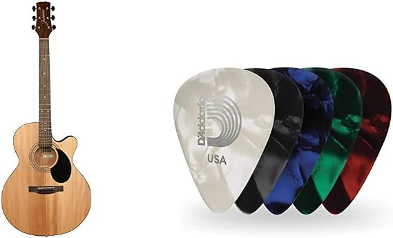 Jasmine S34C NEX Acoustic Guitar & D'Addario Assorted Pearl Celluloid Guitar Picks, 10 Pack, Medium